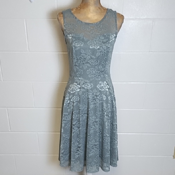 Fit & Flair A-line Silvery Grey Soft Lace Midi Dress for Special Occasion Lined - Picture 1 of 12
